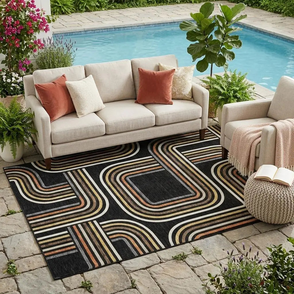 5' X 8' Black And Ivory Geometric Washable Indoor Outdoor Area Rug Homeroots Outdoor
