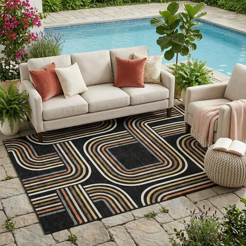 5' X 8' Black And Ivory Geometric Washable Indoor Outdoor Area Rug Homeroots Outdoor