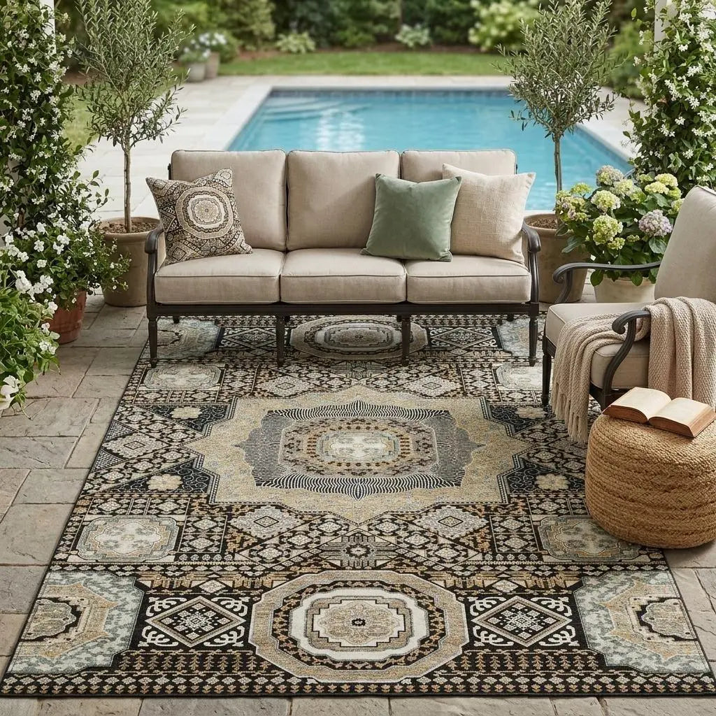 5' X 8' Black And Ivory Oriental Washable Indoor Outdoor Area Rug Homeroots Outdoor