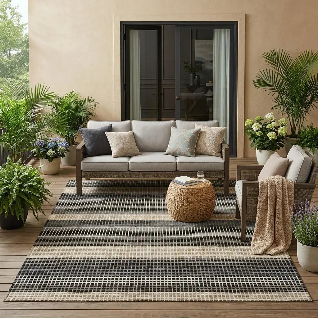 5' X 8' Black And Ivory Striped Washable Indoor Outdoor Area Rug Homeroots Outdoor