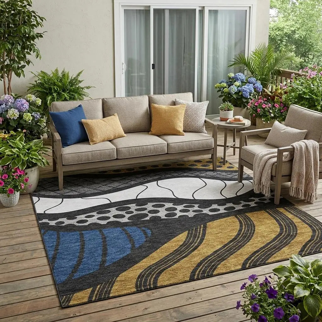5' X 8' Black And Khaki Abstract Washable Indoor Outdoor Area Rug Homeroots Outdoor