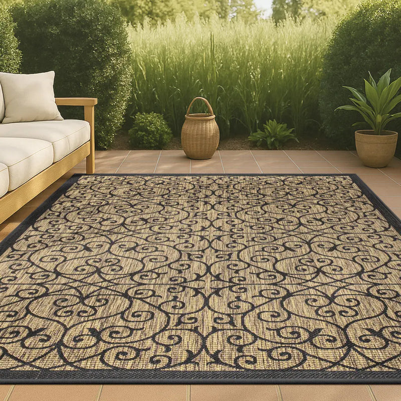 5' X 8' Black And Khaki Geometric Indoor Outdoor Area Rug Homeroots Outdoor
