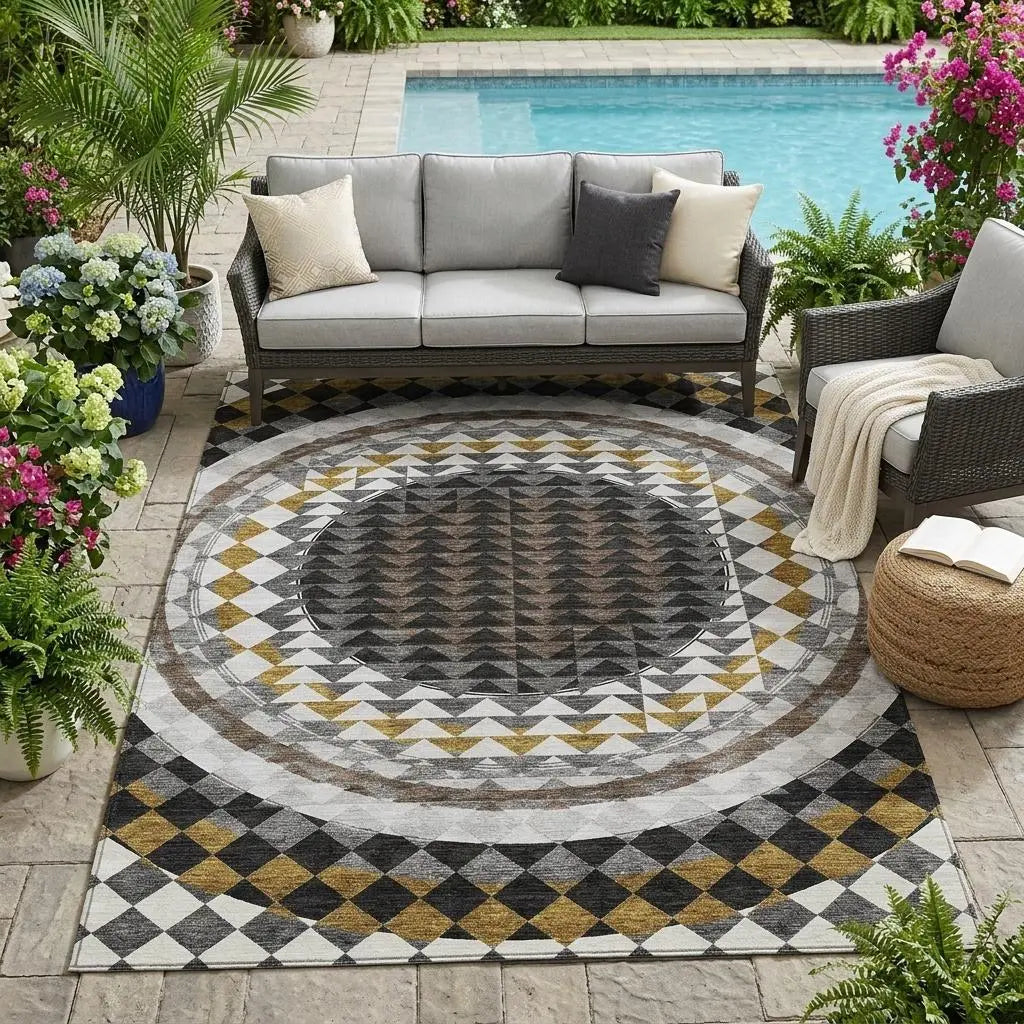 5' X 8' Black And Linen Geometric Washable Indoor Outdoor Area Rug Homeroots Outdoor