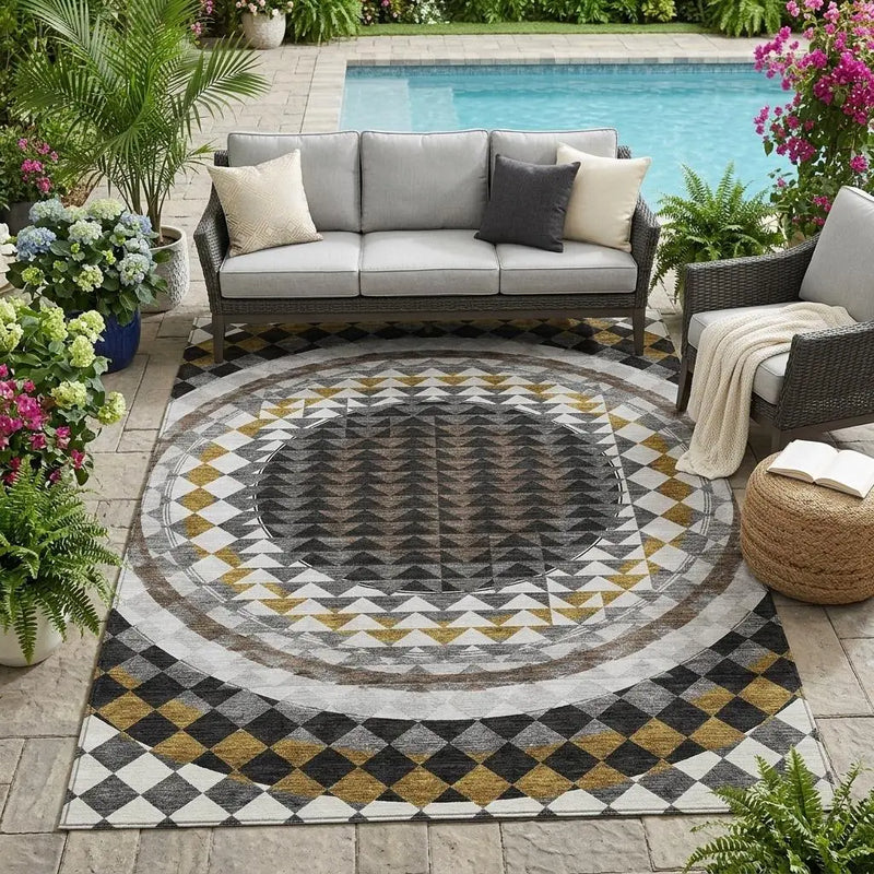 5' X 8' Black And Linen Geometric Washable Indoor Outdoor Area Rug Homeroots Outdoor