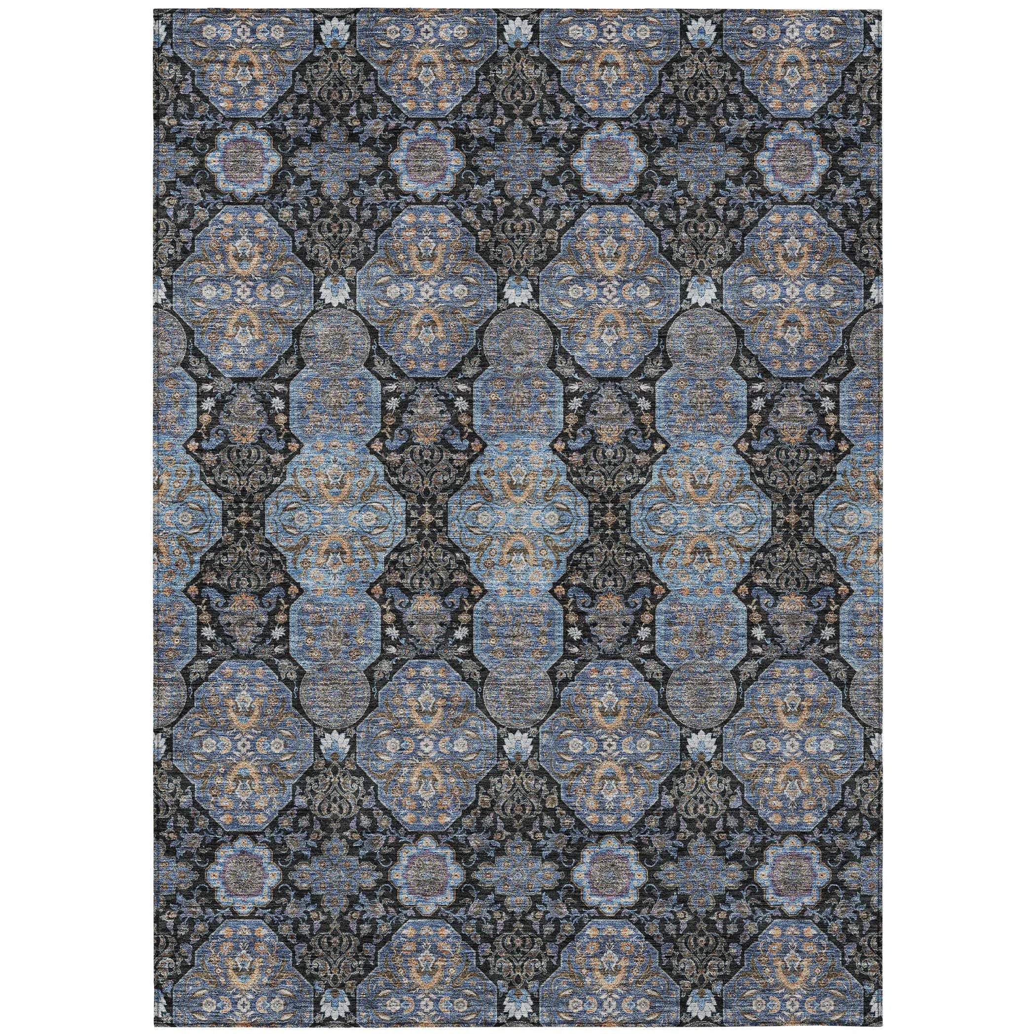 5' X 8' Black And Navy Blue Floral Washable Indoor Outdoor Area Rug Homeroots Outdoor