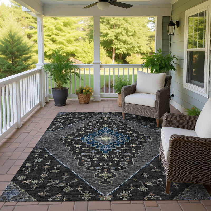 5' X 8' Black And Navy Blue Geometric Washable Indoor Outdoor Area Rug Homeroots Outdoor