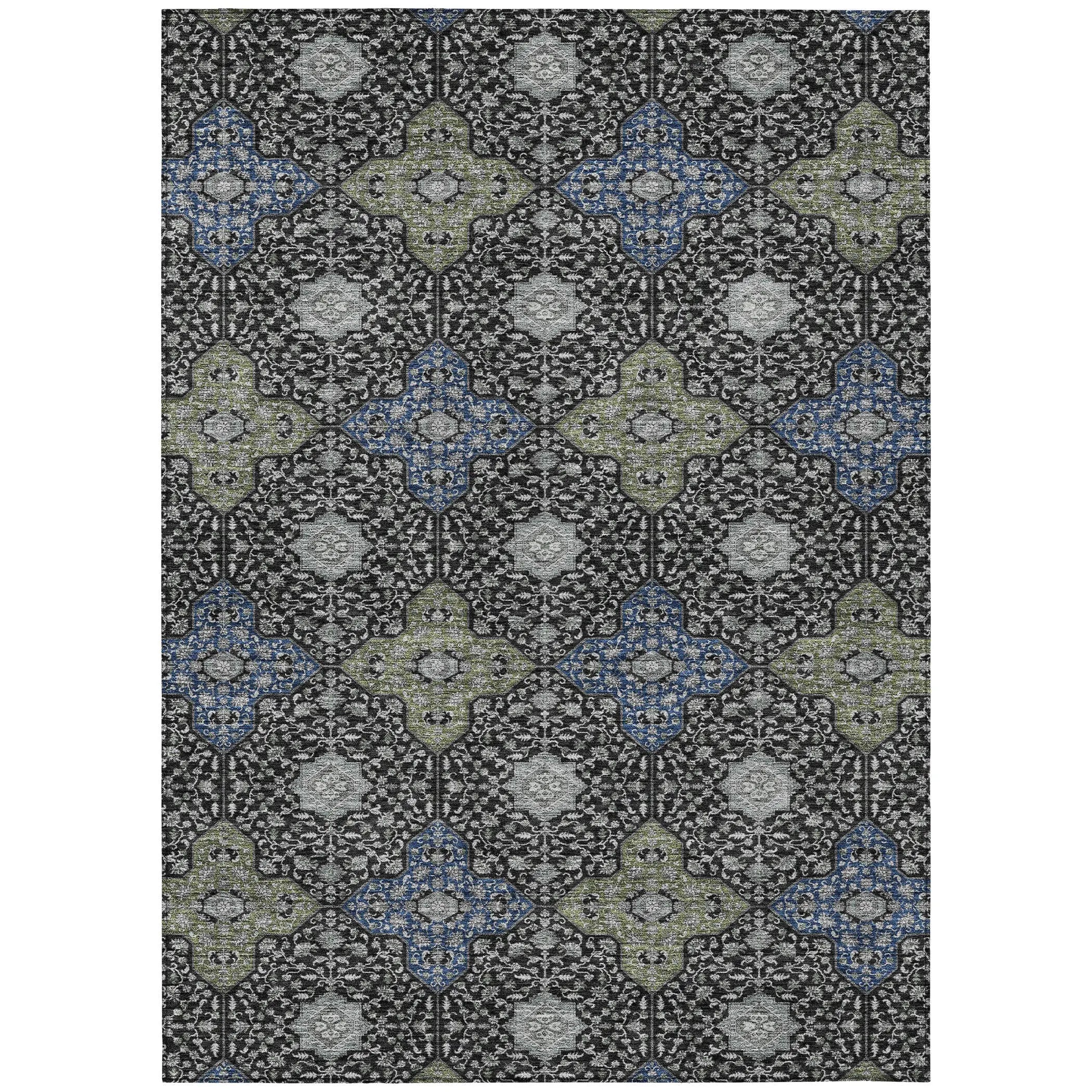 5' X 8' Black And Olive Green Damask Washable Indoor Outdoor Area Rug Homeroots Outdoor