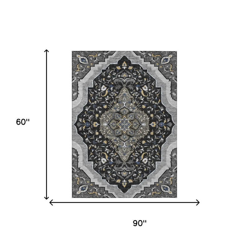 5' X 8' Black And Orange Medallion Washable Indoor Outdoor Area Rug Homeroots Outdoor