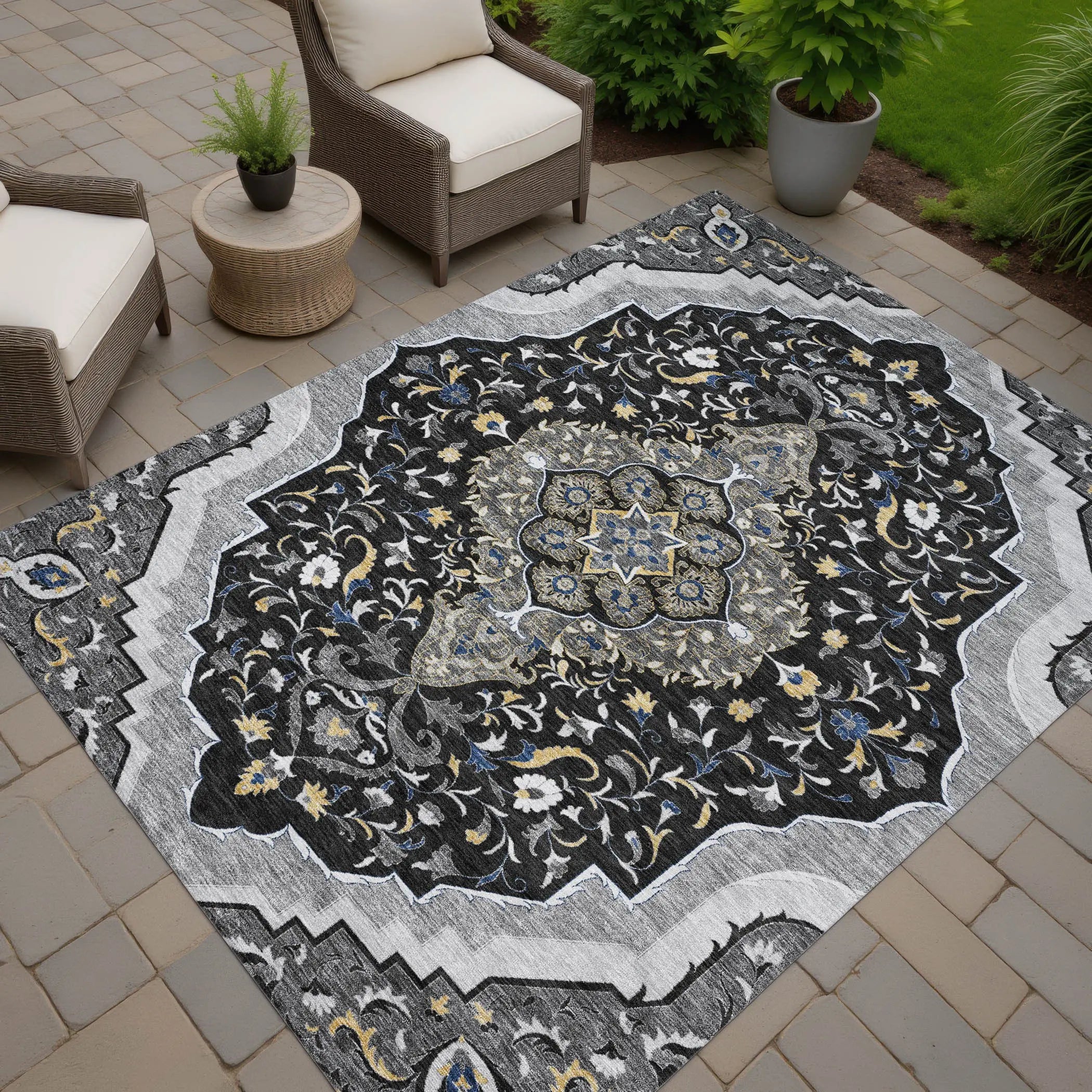 5' X 8' Black And Orange Medallion Washable Indoor Outdoor Area Rug Homeroots Outdoor