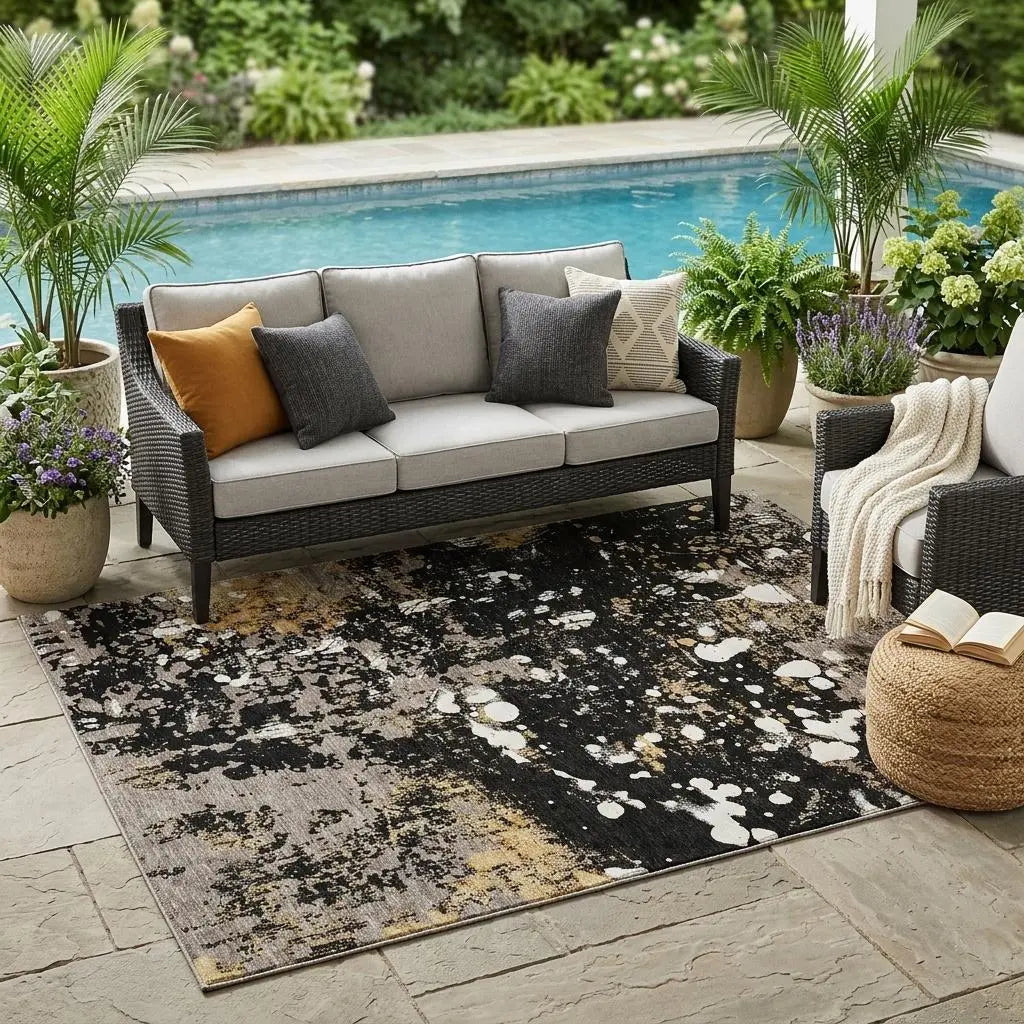 5' X 8' Black And Silver Abstract Washable Indoor Outdoor Area Rug Homeroots Outdoor