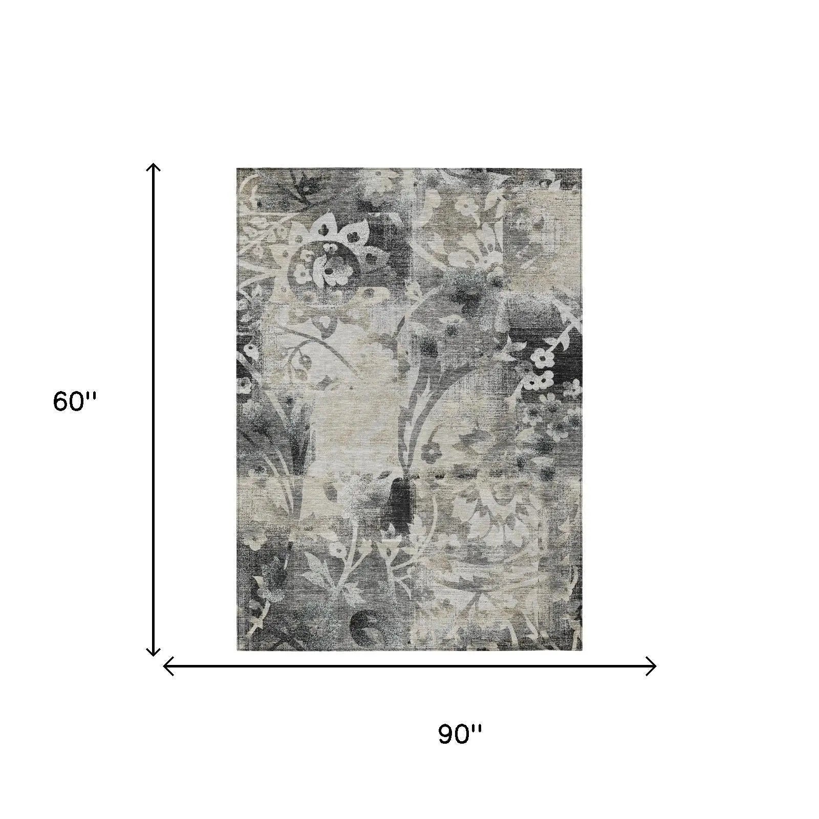5' X 8' Black And Silver Botanical Leaves Washable Indoor Outdoor Area Rug Homeroots Outdoor