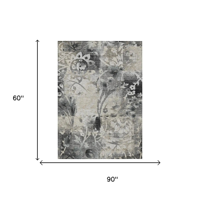 5' X 8' Black And Silver Botanical Leaves Washable Indoor Outdoor Area Rug Homeroots Outdoor
