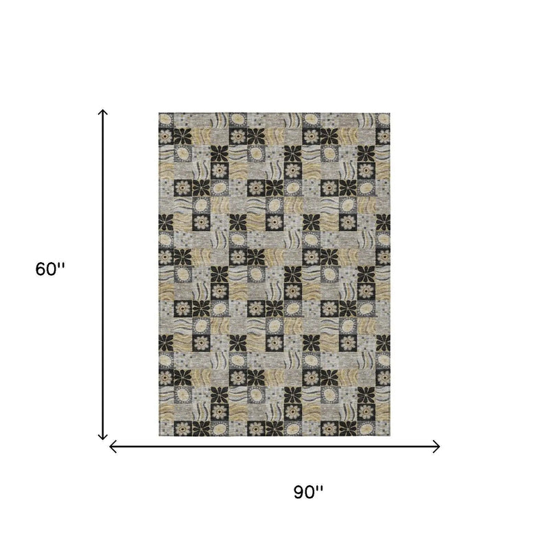 5' X 8' Black And Silver Floral Washable Indoor Outdoor Area Rug Homeroots Outdoor