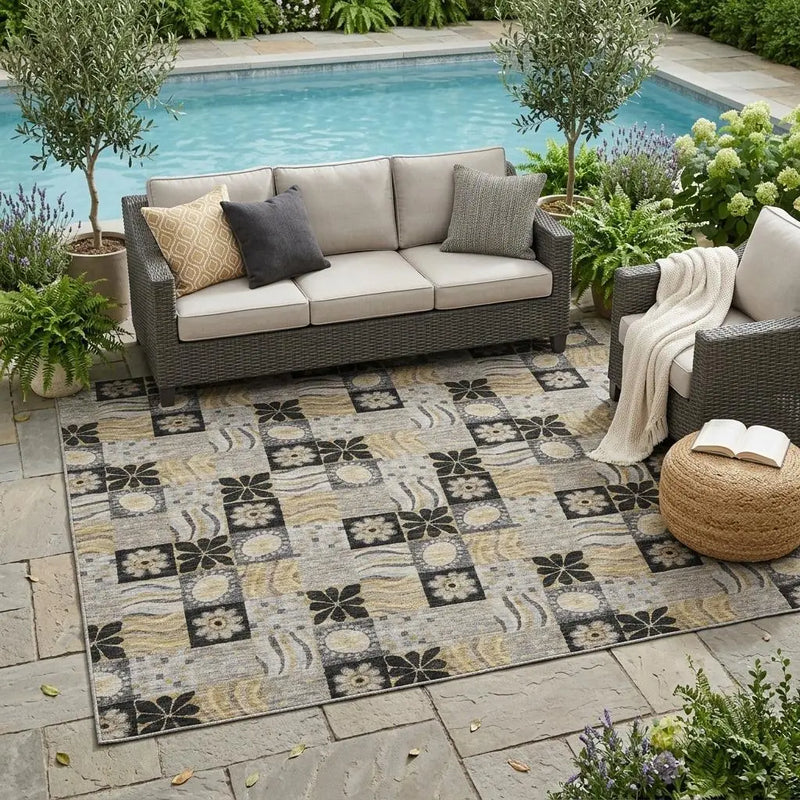 5' X 8' Black And Silver Floral Washable Indoor Outdoor Area Rug Homeroots Outdoor