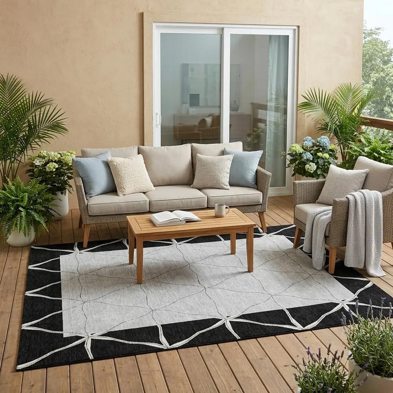 5' X 8' Black And Silver Geometric Washable Indoor Outdoor Area Rug Homeroots Outdoor