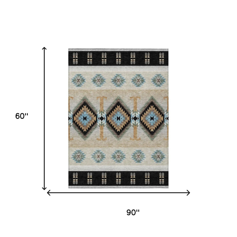 5' X 8' Black And Tan Southwestern Washable Indoor Outdoor Area Rug Homeroots Outdoor