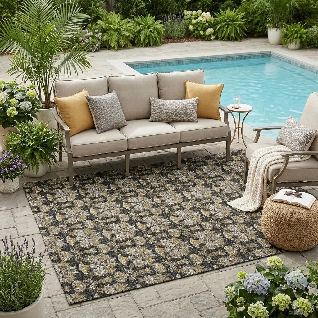 5' X 8' Black And Wheat Floral Washable Indoor Outdoor Area Rug Homeroots Outdoor