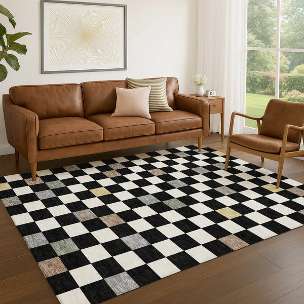 5' X 8' Black And Yellow Geometric Washable Indoor Outdoor Area Rug Homeroots Outdoor