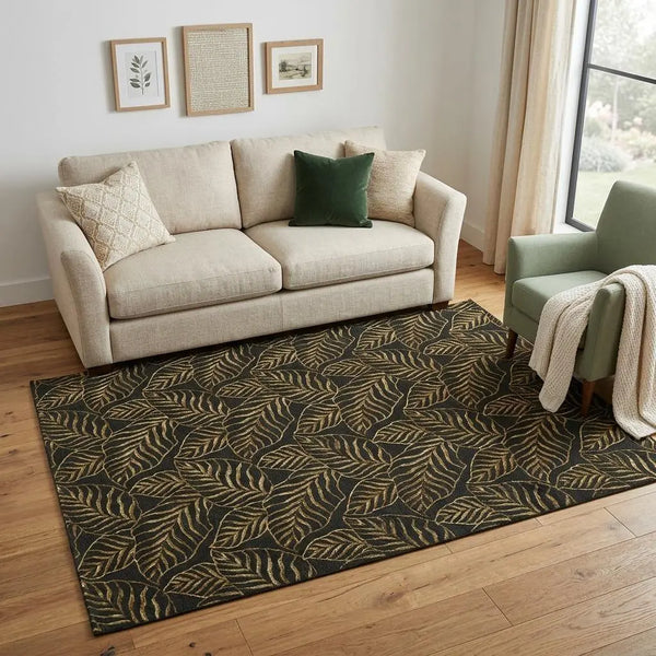 5' X 8' Black Green And Gold Floral Hand Knotted Area Rug Homeroots Home Decor