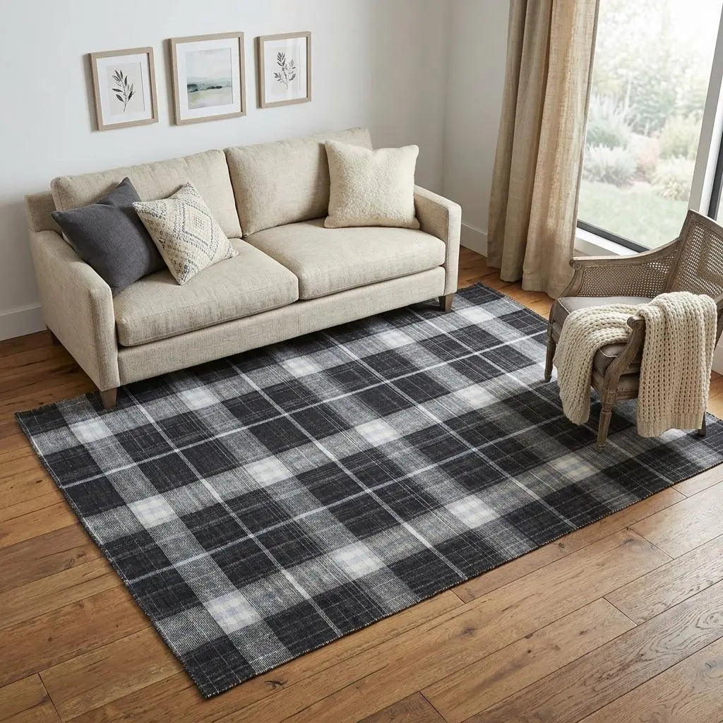 5' X 8' Black White And Blue Plaid Hand Loomed Area Rug Homeroots Home Decor