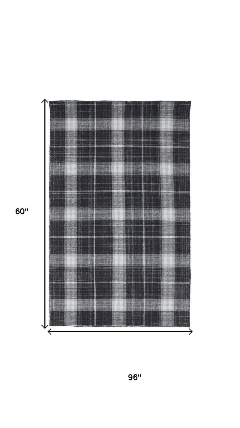 5' X 8' Black White And Blue Plaid Hand Loomed Area Rug Homeroots Home Decor