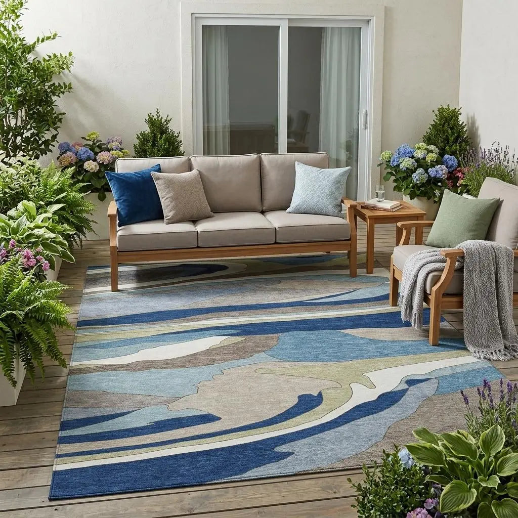 5' X 8' Blue And Beige Abstract Washable Indoor Outdoor Area Rug Homeroots Outdoor