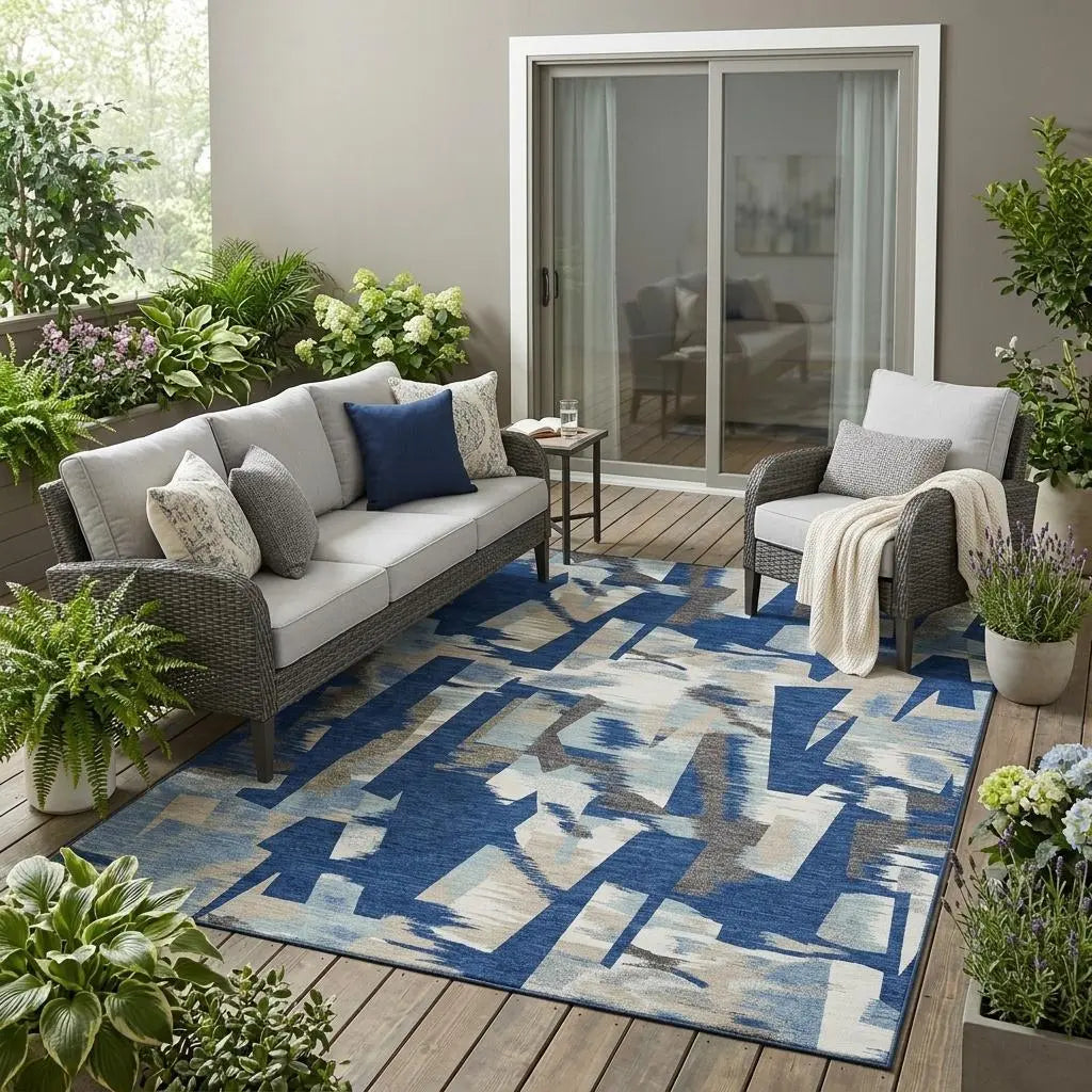 5' X 8' Blue And Beige Abstract Washable Indoor Outdoor Area Rug Homeroots Outdoor