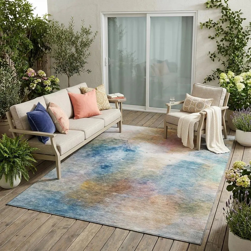 5' X 8' Blue And Beige Abstract Washable Indoor Outdoor Area Rug Homeroots Outdoor