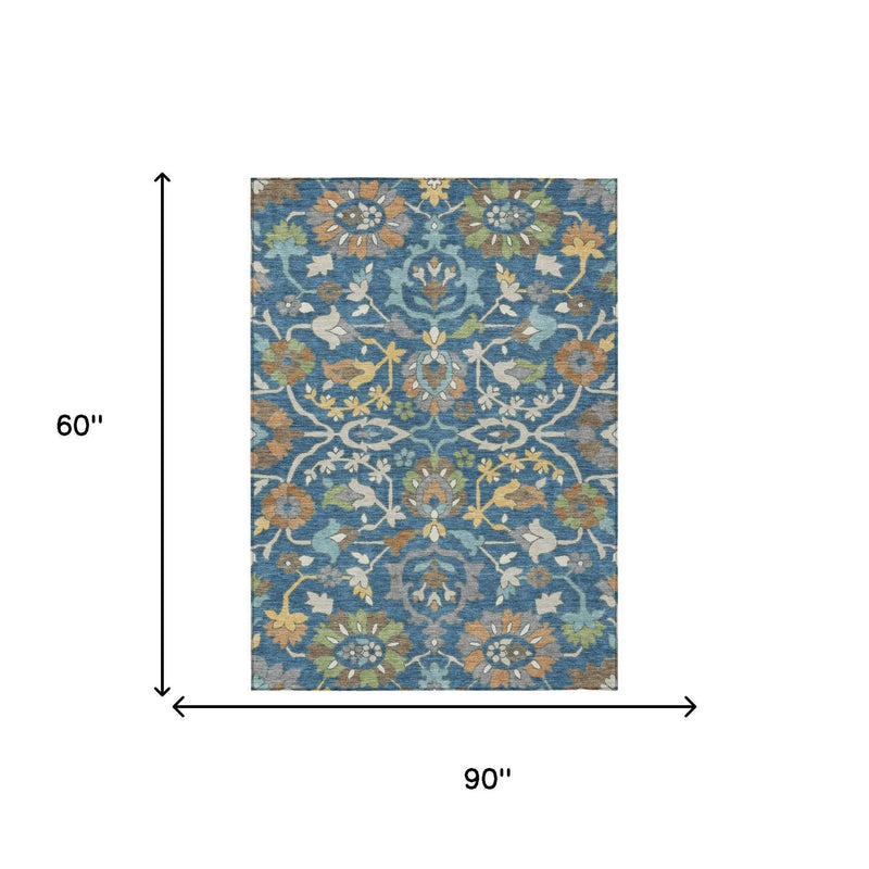 5' X 8' Blue And Brown Floral Washable Indoor Outdoor Area Rug Homeroots Outdoor
