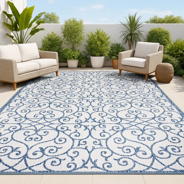 5' X 8' Blue And Cream Geometric Indoor Outdoor Area Rug Homeroots Outdoor