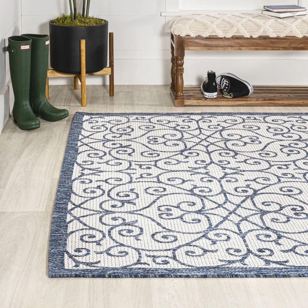 5' X 8' Blue And Cream Geometric Indoor Outdoor Area Rug Homeroots Outdoor