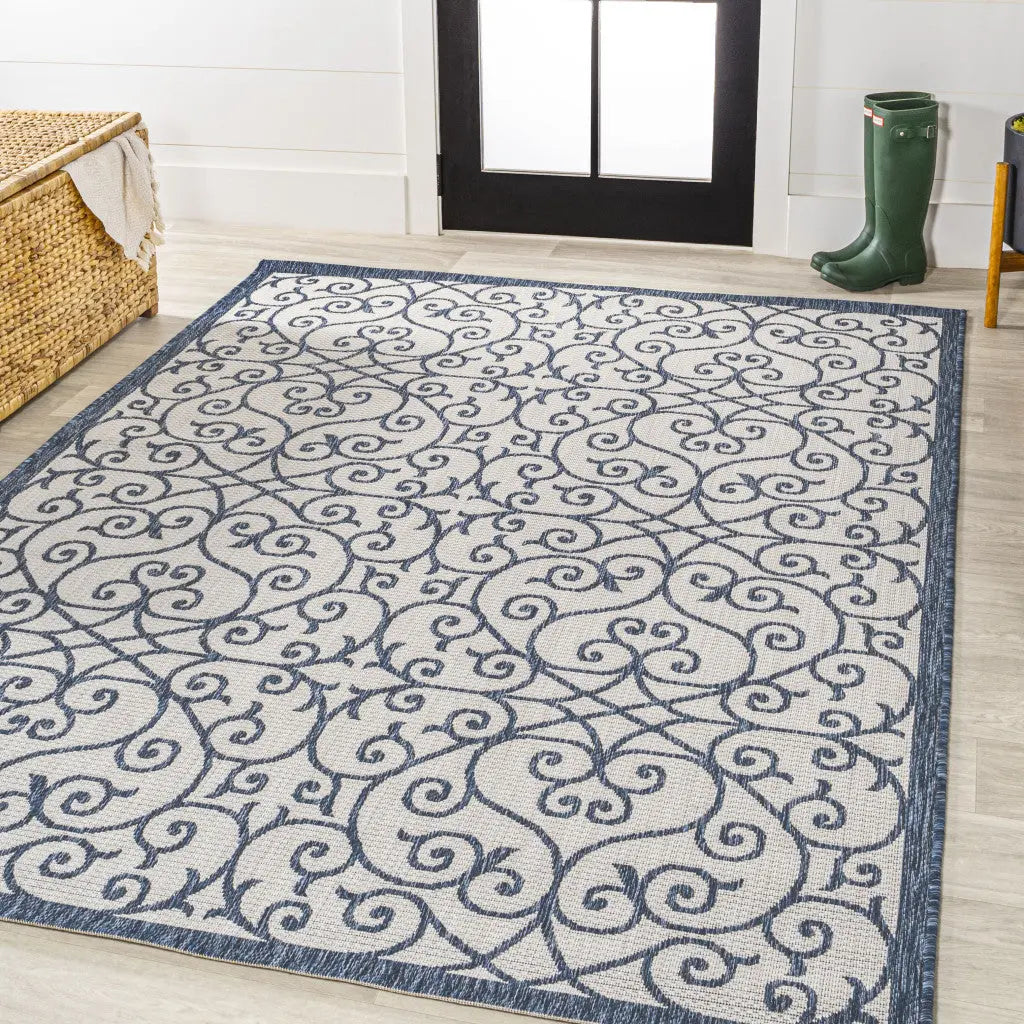 5' X 8' Blue And Cream Geometric Indoor Outdoor Area Rug Homeroots Outdoor