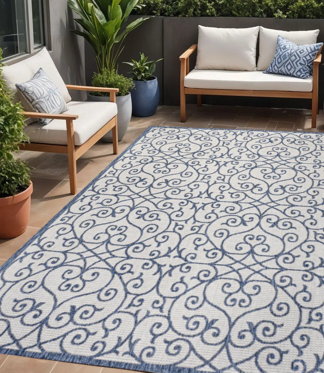 5' X 8' Blue And Cream Geometric Indoor Outdoor Area Rug Homeroots Outdoor