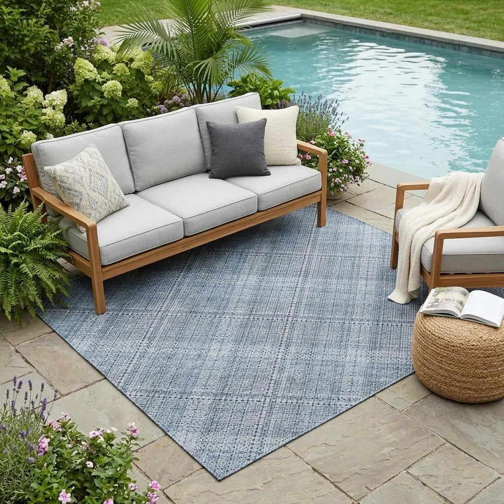 5' X 8' Blue And Denim Blue Plaid Washable Indoor Outdoor Area Rug Homeroots Outdoor