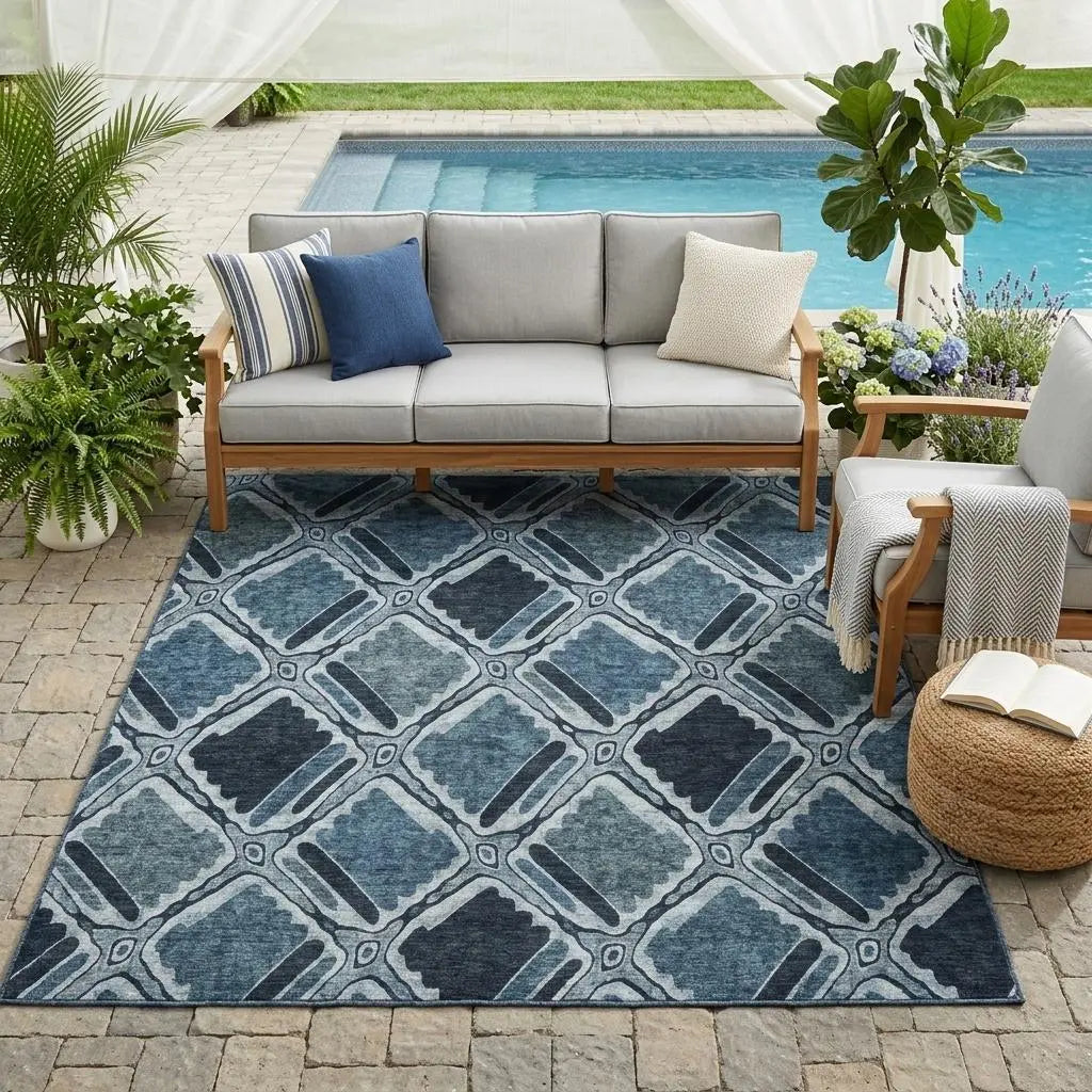 5' X 8' Blue And Graphite Geometric Washable Indoor Outdoor Area Rug Homeroots Outdoor