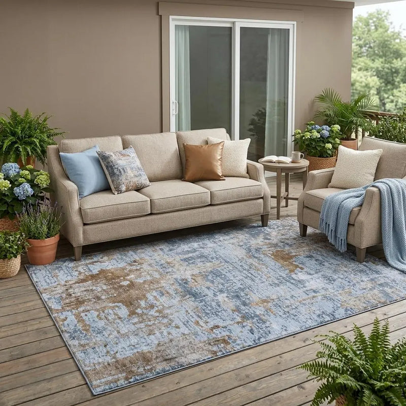 5' X 8' Blue And Gray Abstract Washable Indoor Outdoor Area Rug Homeroots Outdoor