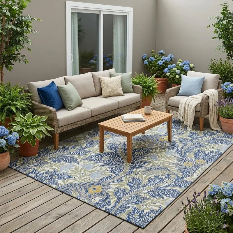 5' X 8' Blue And Gray Botanical Leaves Washable Indoor Outdoor Area Rug Homeroots Outdoor