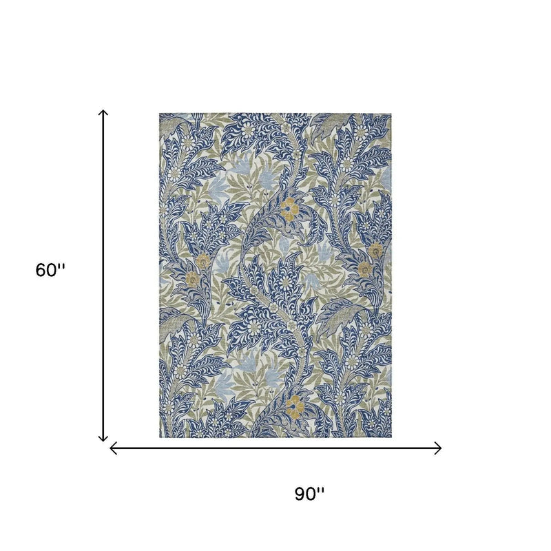 5' X 8' Blue And Gray Botanical Leaves Washable Indoor Outdoor Area Rug Homeroots Outdoor