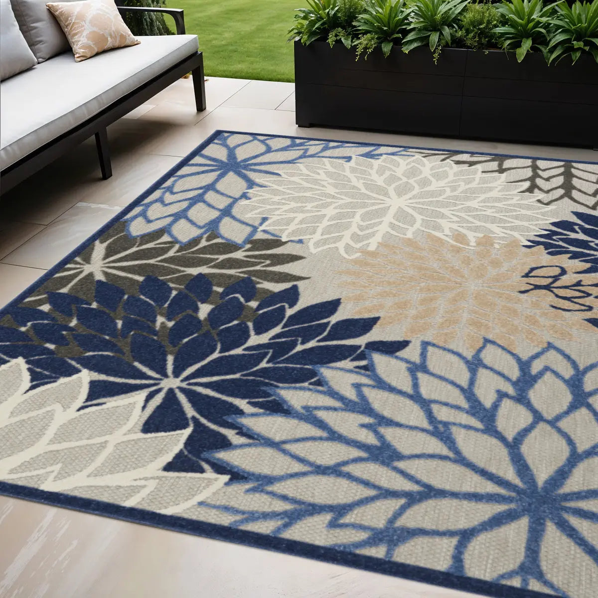 5' X 8' Blue And Gray Floral Indoor Outdoor Area Rug Homeroots Outdoor