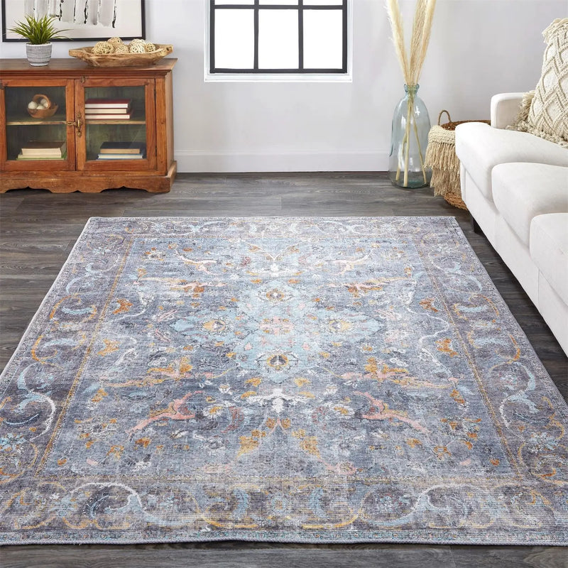 5' X 8' Blue And Gray Floral Medallion Area Rug Homeroots Home Decor