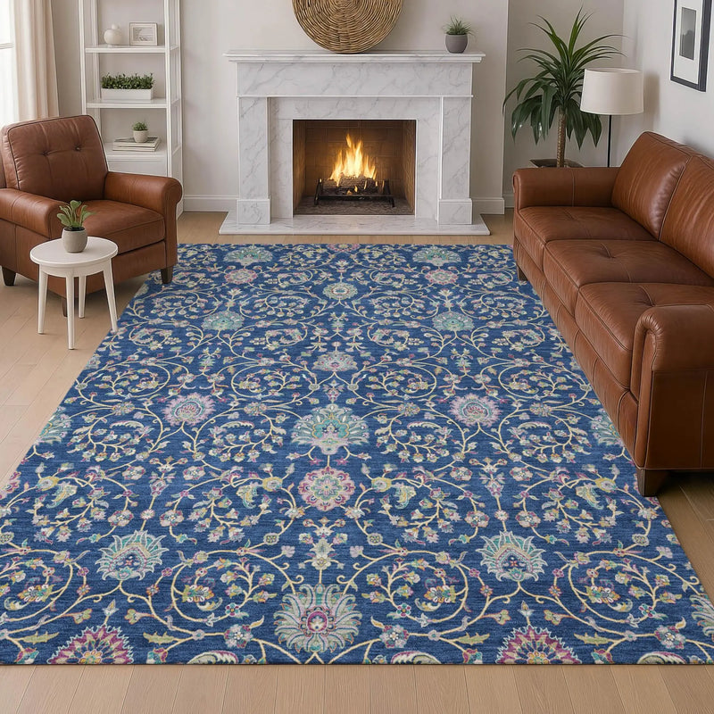 5' X 8' Blue And Gray Floral Washable Indoor Outdoor Area Rug Homeroots Outdoor