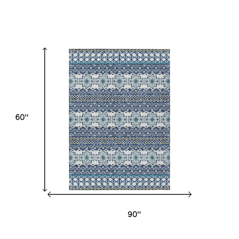 5' X 8' Blue And Gray Striped Washable Indoor Outdoor Area Rug Homeroots Outdoor