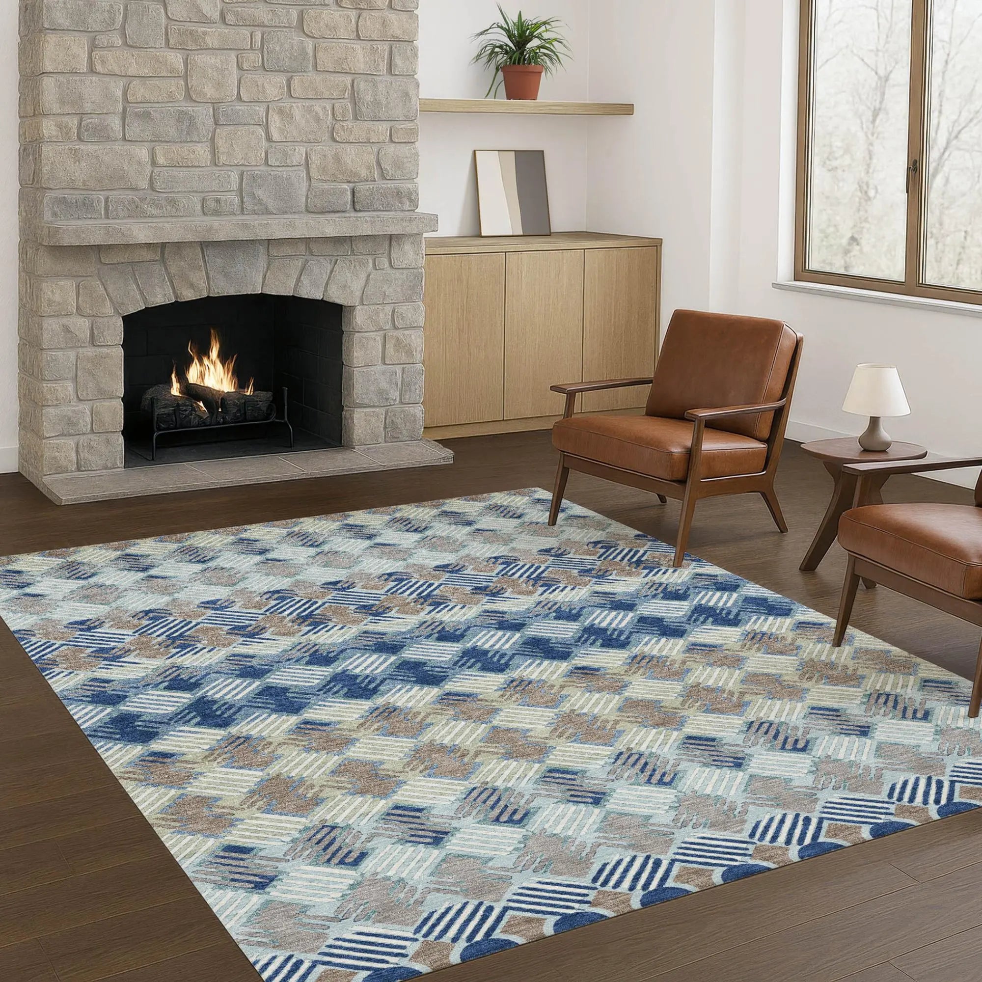 5' X 8' Blue And Gray Striped Washable Indoor Outdoor Area Rug Homeroots Outdoor