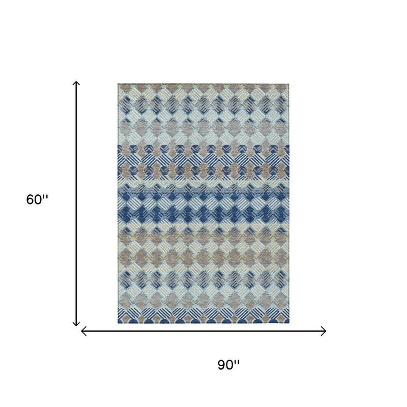 5' X 8' Blue And Gray Striped Washable Indoor Outdoor Area Rug Homeroots Outdoor