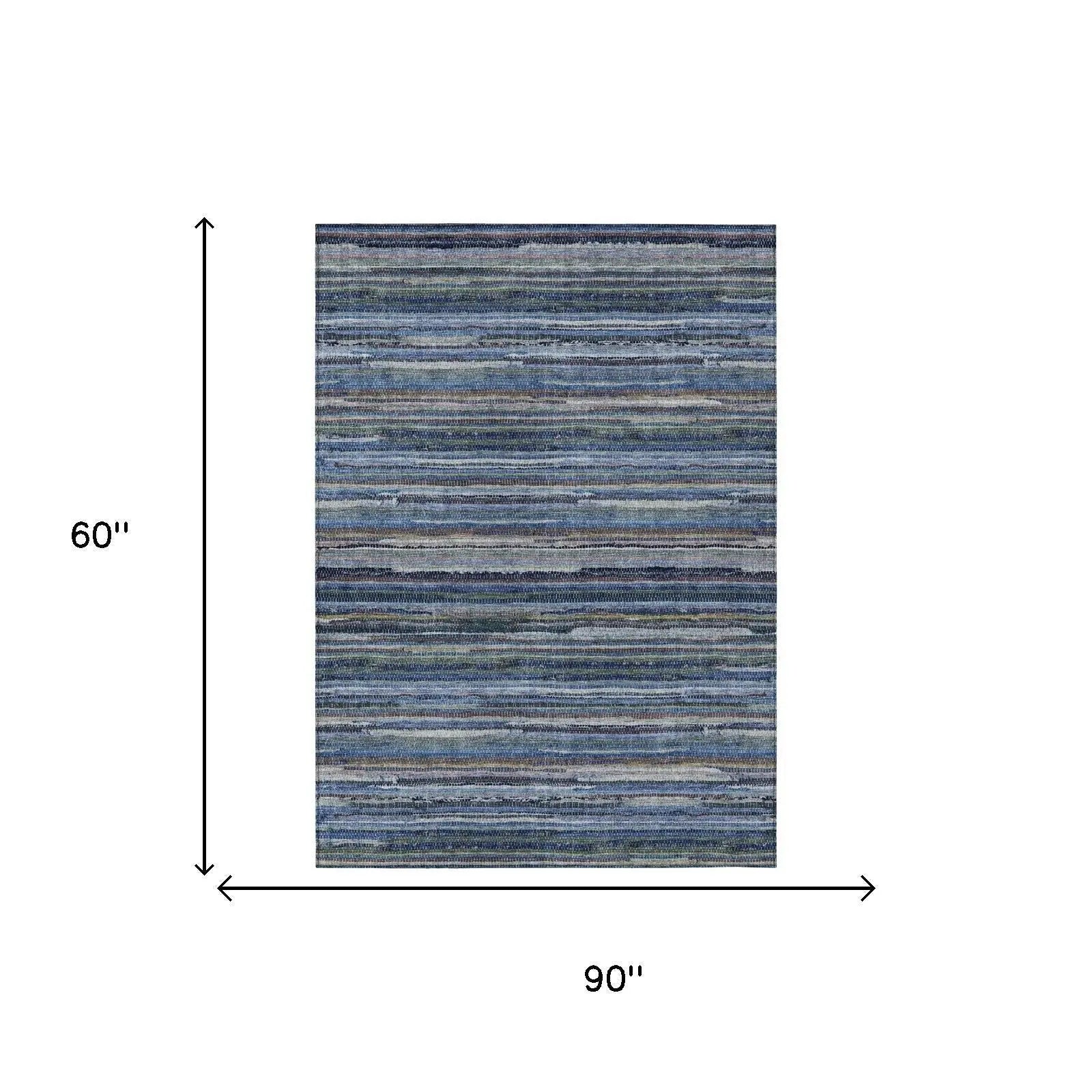 5' X 8' Blue And Gray Striped Washable Indoor Outdoor Area Rug Homeroots Outdoor