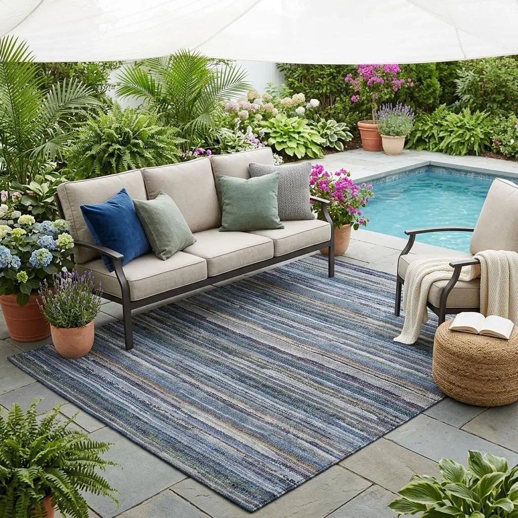 5' X 8' Blue And Gray Striped Washable Indoor Outdoor Area Rug Homeroots Outdoor