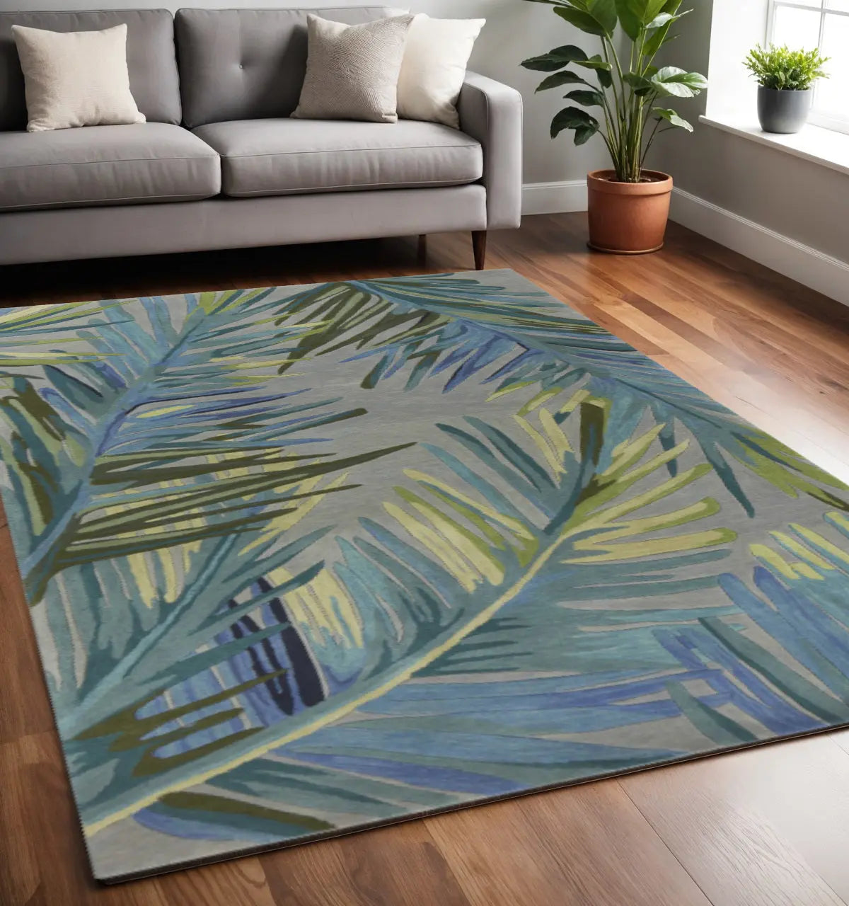 5' X 8' Blue And Gray Wool Tropical Botanical Hand Tufted Area Rug Homeroots Home Decor