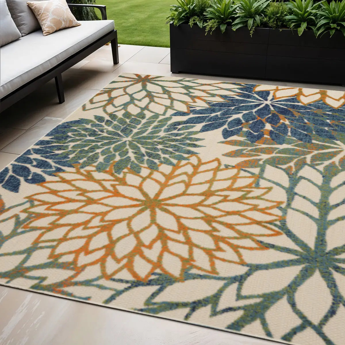 5' X 8' Blue And Green Floral Indoor Outdoor Area Rug Homeroots Outdoor
