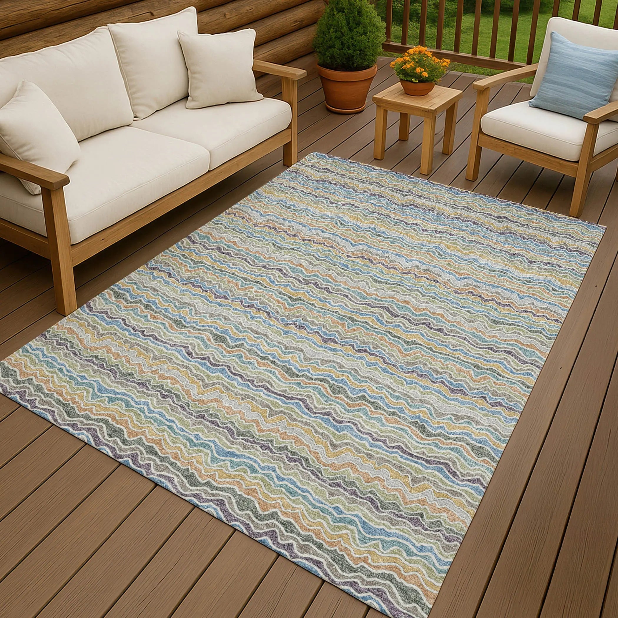 5' X 8' Blue And Green Striped Washable Indoor Outdoor Area Rug Homeroots Outdoor