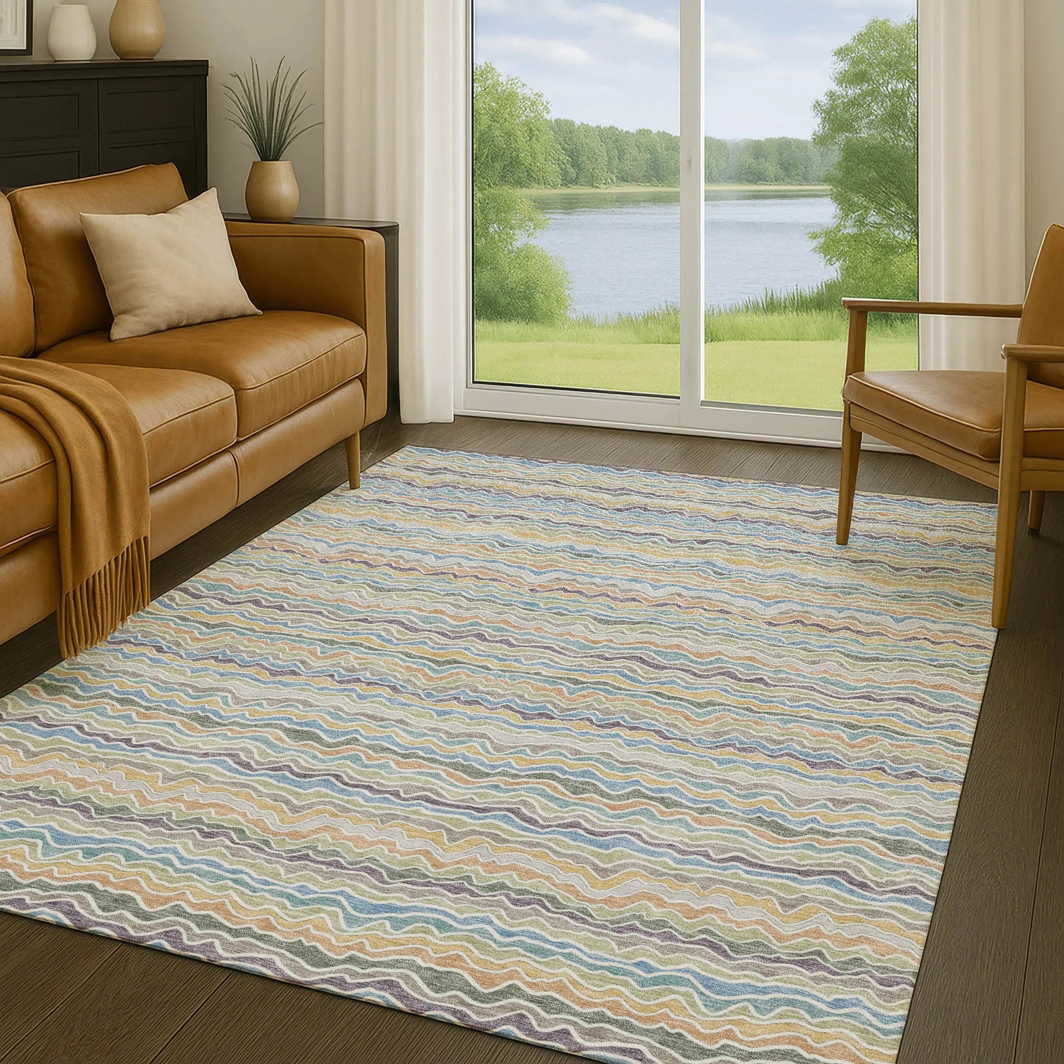 5' X 8' Blue And Green Striped Washable Indoor Outdoor Area Rug Homeroots Outdoor